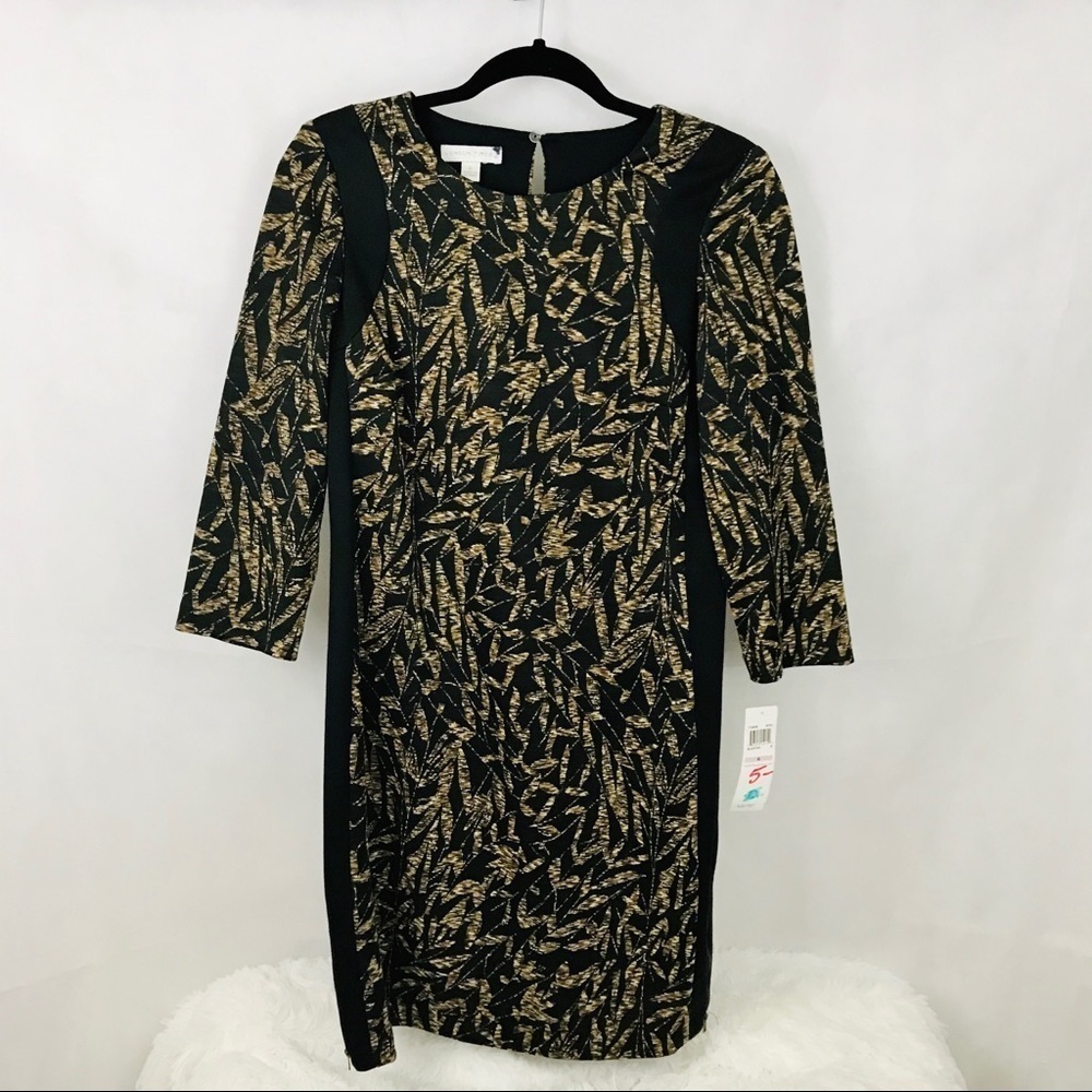 London Times Black/Tan Stretch Matte Knit Dress w/Side Zip Slit sz 6 - Picture 2 of 6